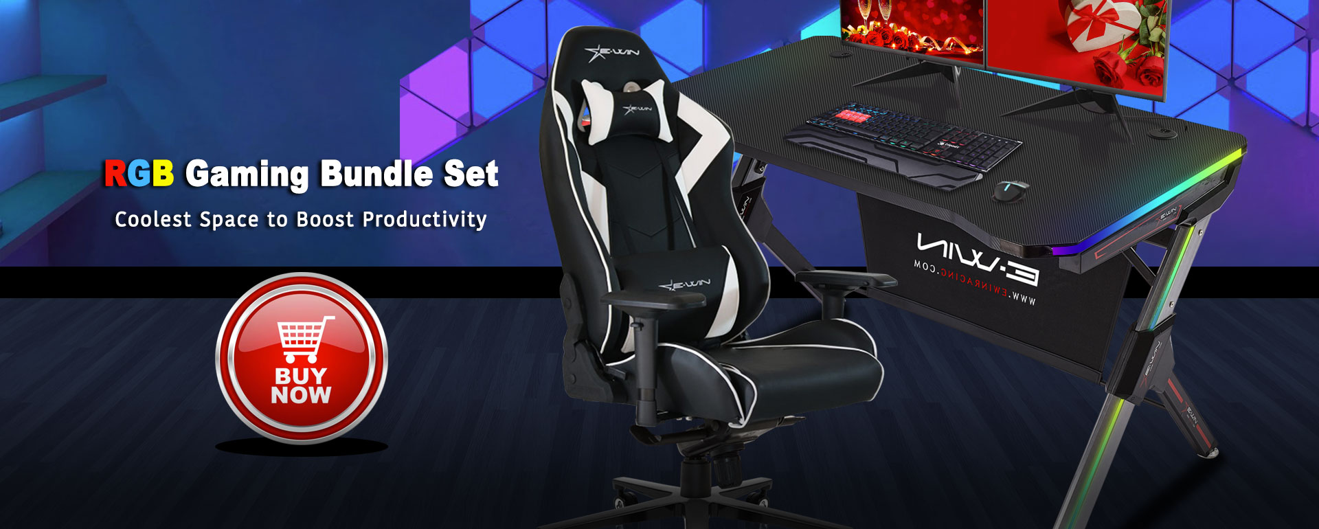 E-WIN Black Gaming Chairs & RGB Gaming Desks